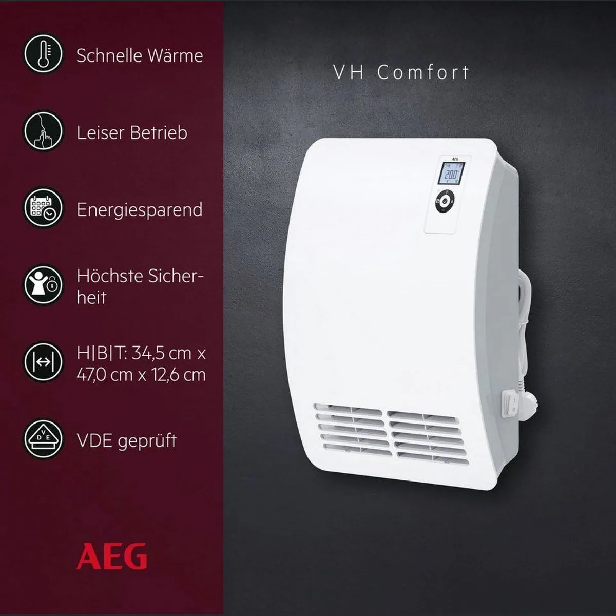 AEG Haustechnik VH Comfort Heizlüfter, energiesparend, 2000W — für 25 m², Wochenzeitschaltuhr, Silent Mode 2