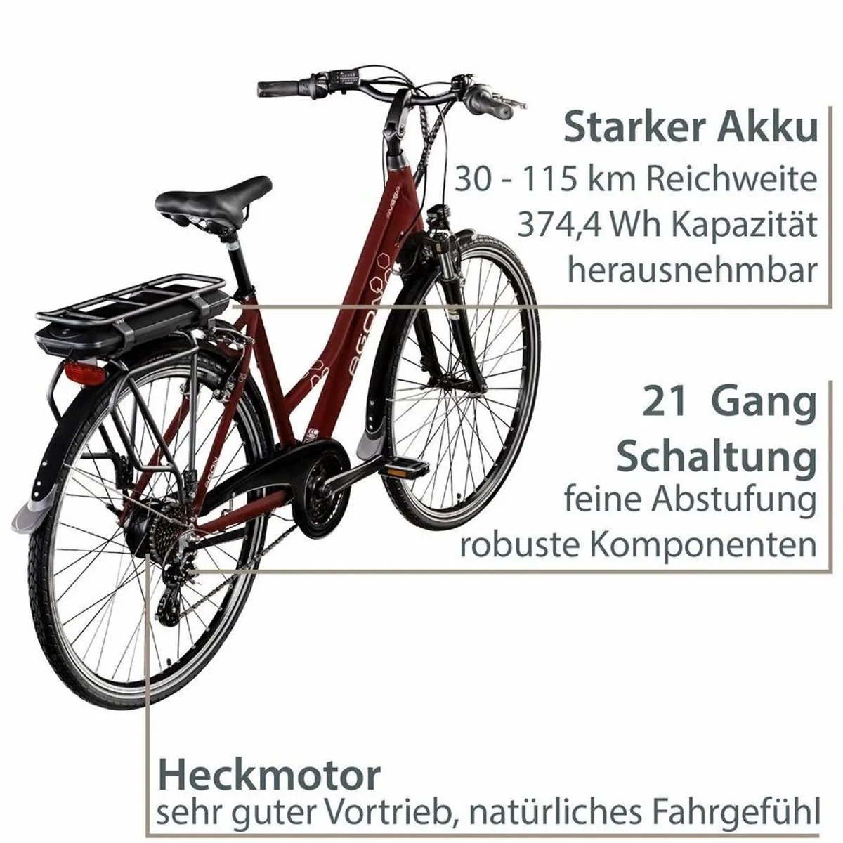 Agon Avesa E-Bike Trekkingrad, 21 Gang, 250W Heckmotor, 374 Wh Akku 2