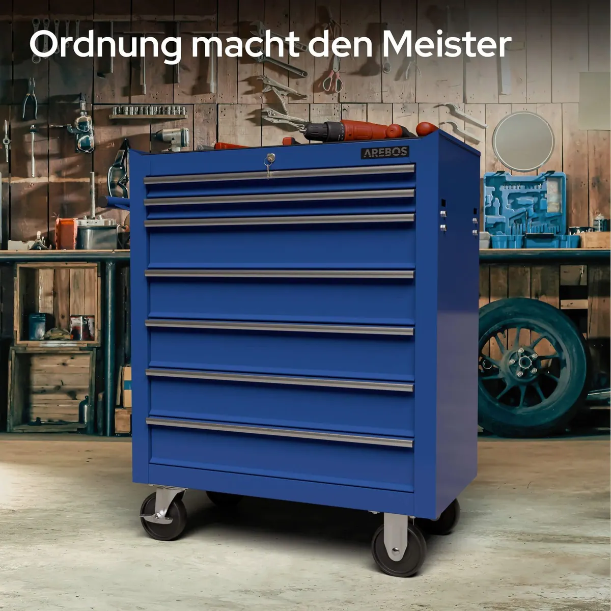 Arebos Werkstattwagen 7-Fächer, robust mit Antirutschmatten und Zentralverriegelung 4