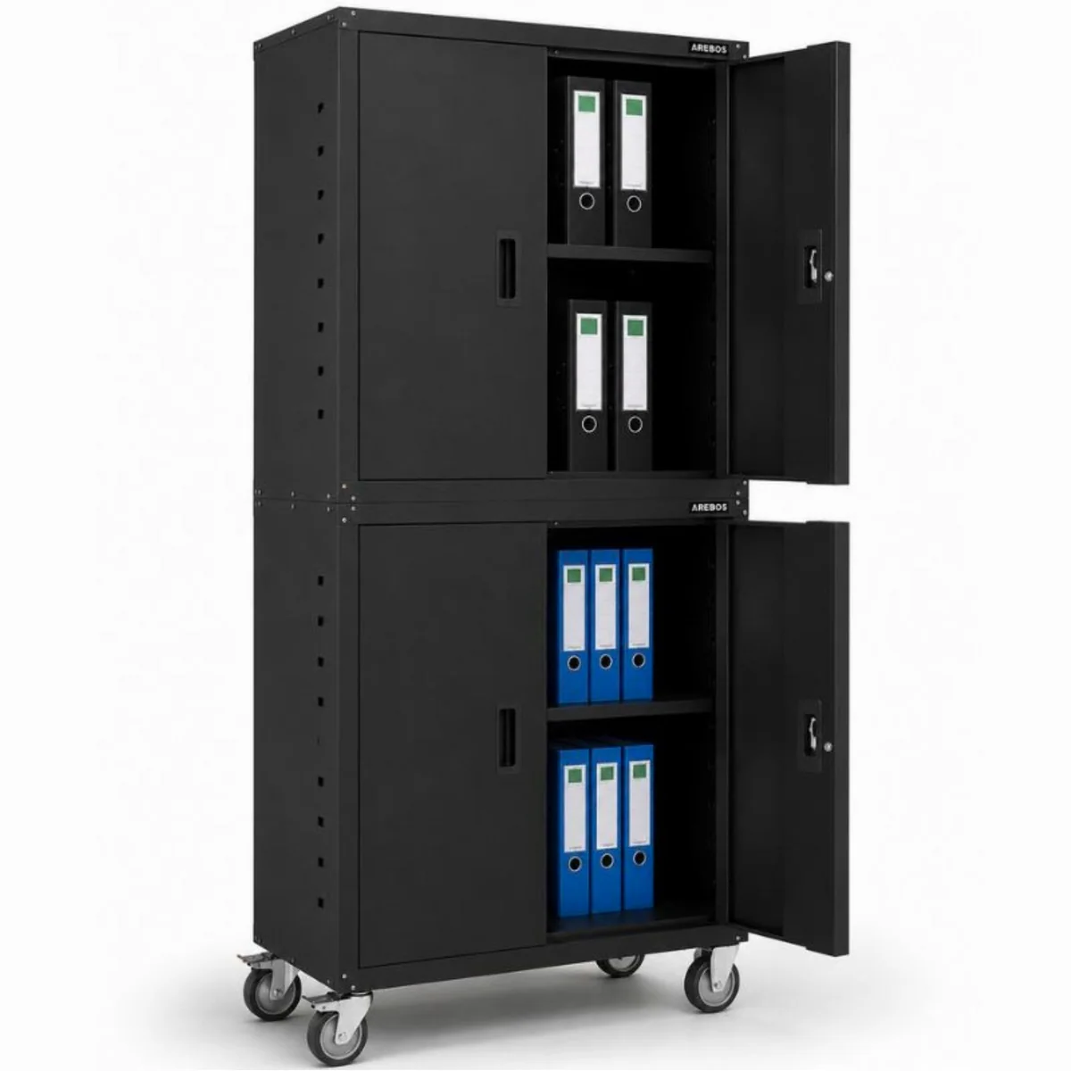 Arebos Aktenschrank 2er Set, abschließbar, mobil, pulverbeschichteter Stahl — 180x90x40 cm