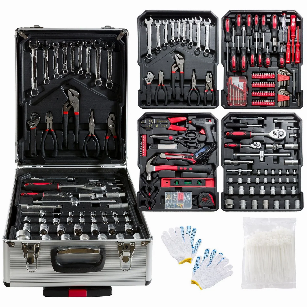 Arebos Werkzeugkoffer 1200 Teile, mobil & vielseitig — Chrom Vanadium Stahl, Teleskopgriff, robust
