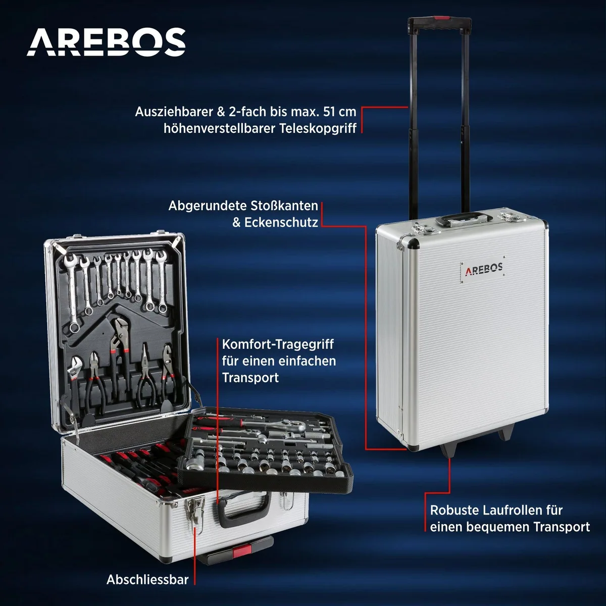 Arebos Werkzeugkoffer 1200 Teile, mobil & vielseitig — Chrom Vanadium Stahl, Teleskopgriff, robust 2