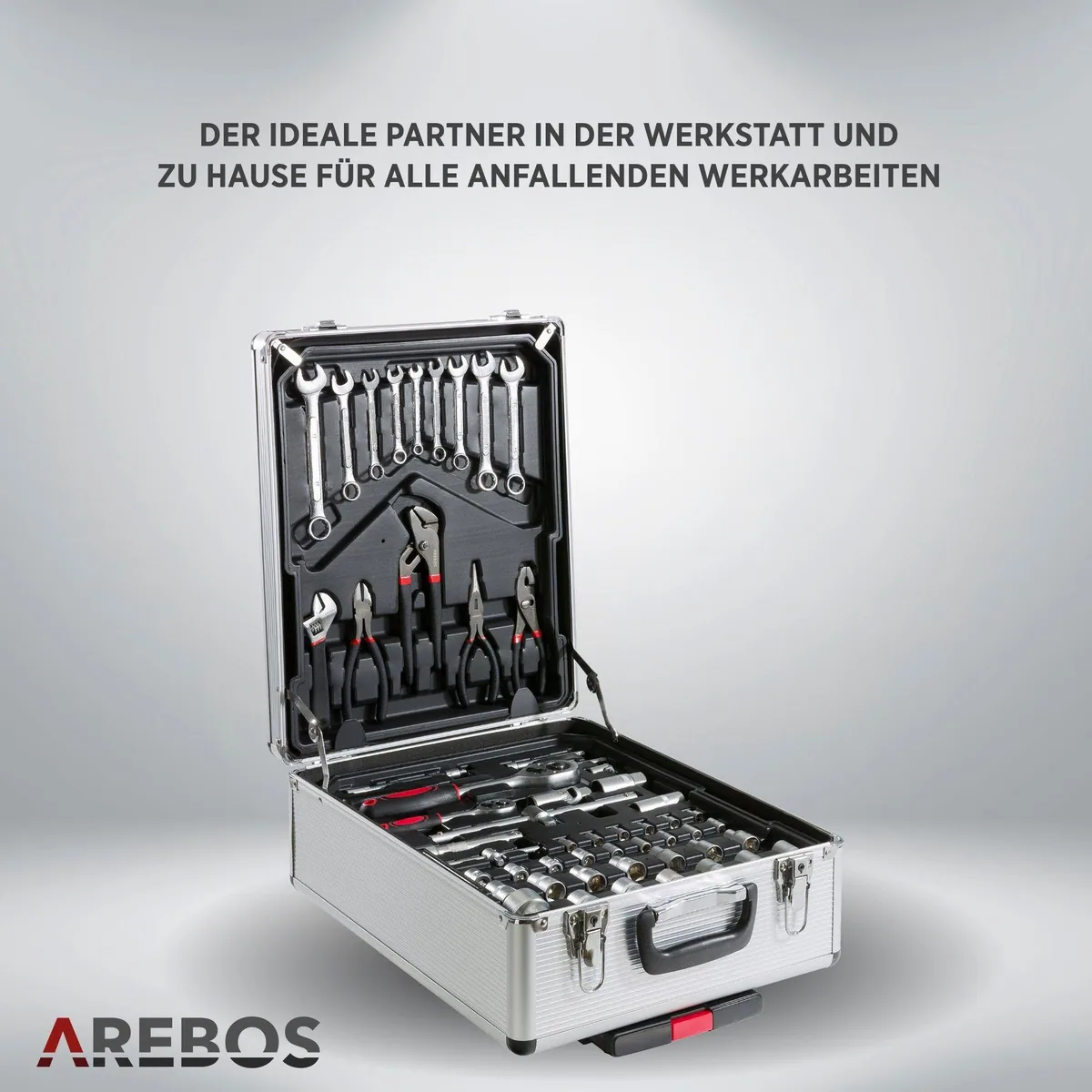 Arebos Werkzeugkoffer 1200 Teile, mobil & vielseitig — Chrom Vanadium Stahl, Teleskopgriff, robust 3