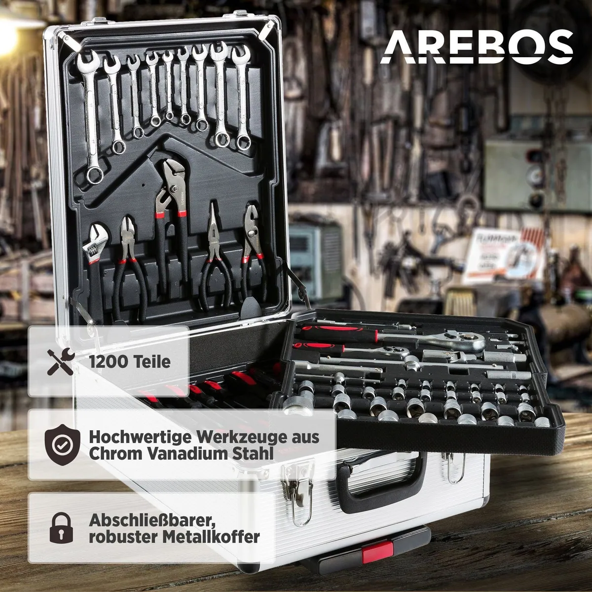 Arebos Werkzeugkoffer 1200 Teile, mobil & vielseitig — Chrom Vanadium Stahl, Teleskopgriff, robust 4