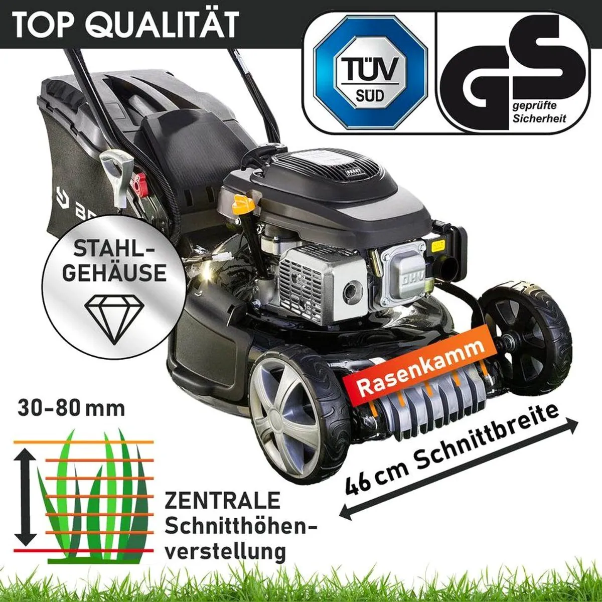 BRAST Benzinrasenmäher, 4-Takt Motor, Elektrostarter, 46cm Schnittbreite 4