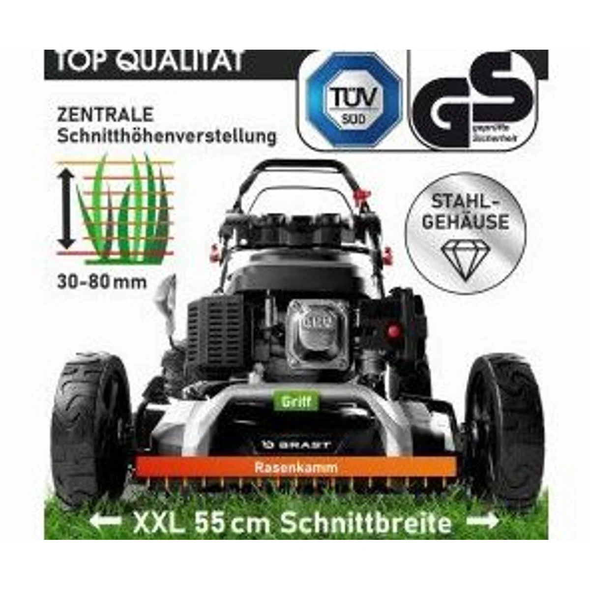 Brast Benzin Rasenmäher, 5,2 kW Leistung, 55 cm Schnittbreite, 30-80 mm Schnitthöhe 5
