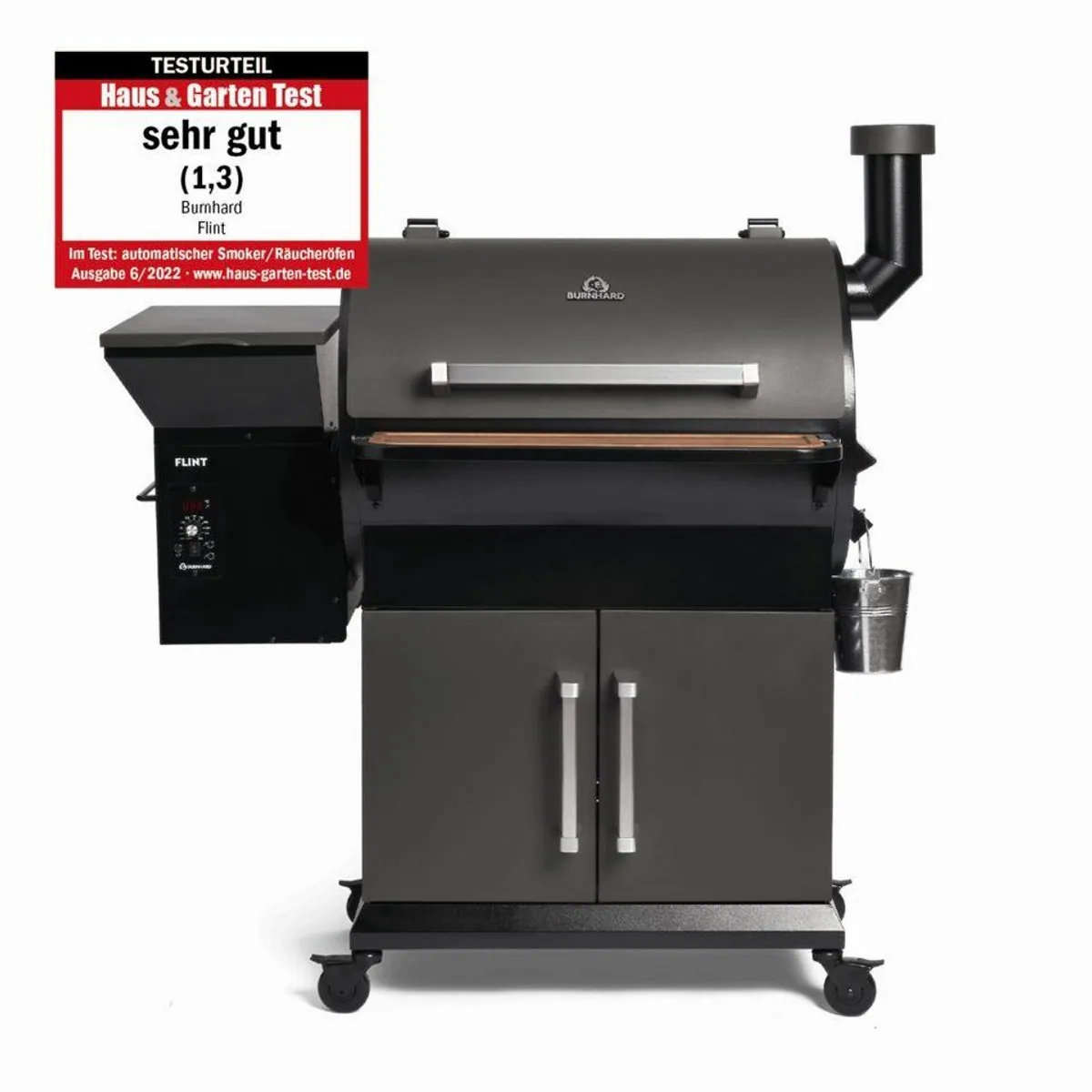 BURNHARD Smoker FLINT, Pelletsmoker, robuste Abdeckhaube, 3 Edelstahl-Grillroste, lenkbare Vollgummirollen