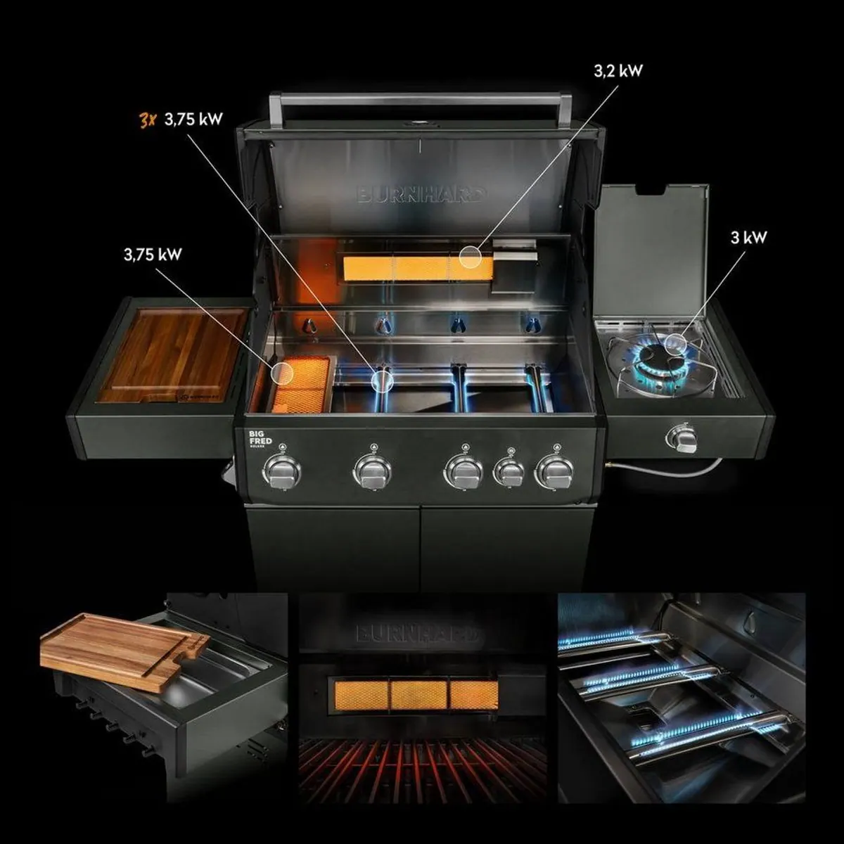 BURNHARD Big FRED Deluxe Gasgrill 4-Brenner, 21,2 kW Leistung, Infrarot-Keramikbrenner 2