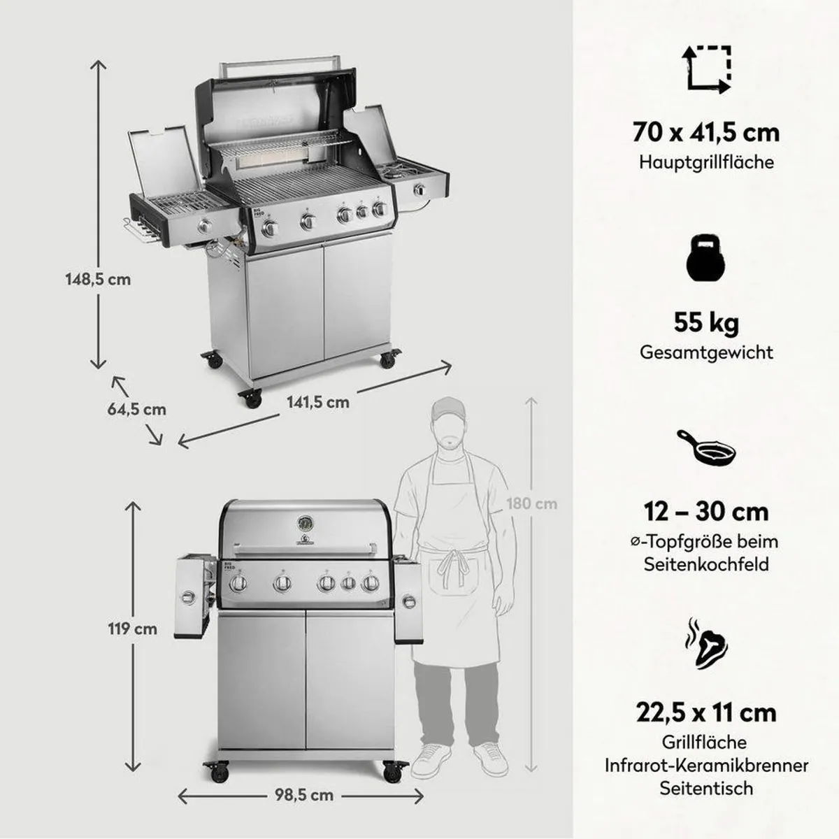 BURNHARD Big FRED Deluxe+ Gasgrill, 24,7 kW, 4-Brenner, Infrarot, Edelstahlrost 2