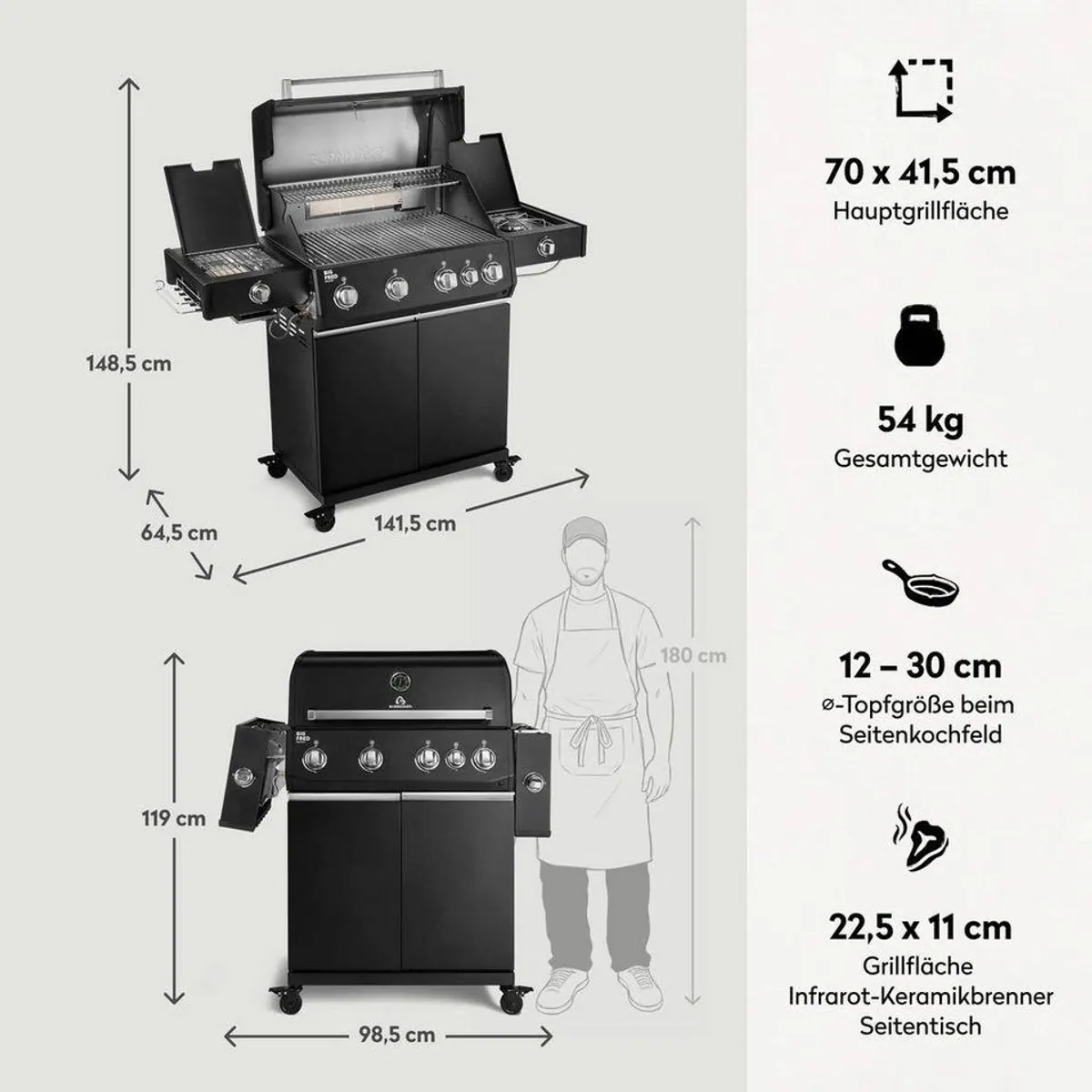 BURNHARD Big FRED Deluxe+ Gasgrill, 24,7 kW, 4 Brenner, Infrarot-Heckbrenner, Edelstahlrost 2