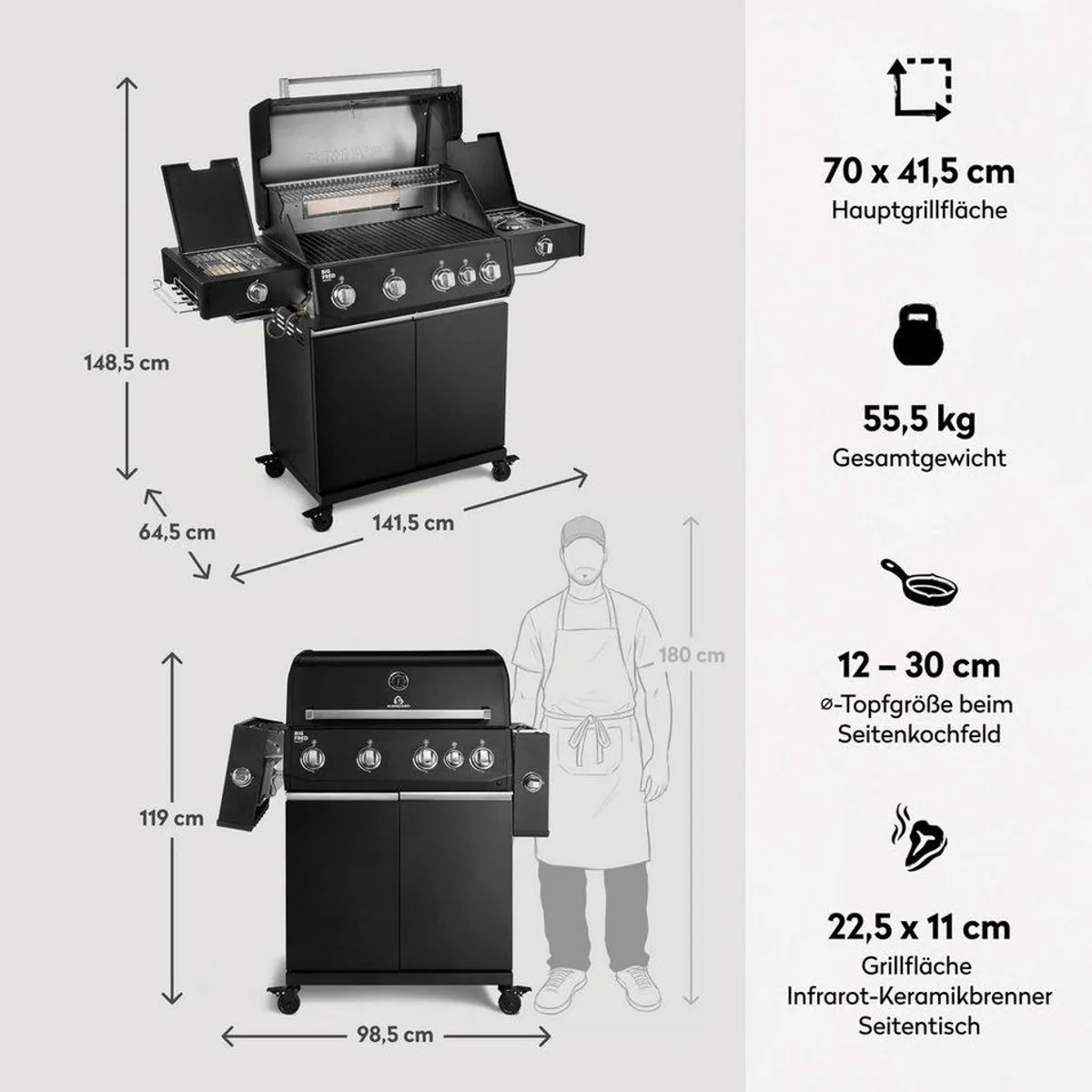 BURNHARD Gasgrill Big FRED Deluxe+, 24,7 kW, 4 Brenner, Infrarot-Heckbrenner, große Grillfläche 2
