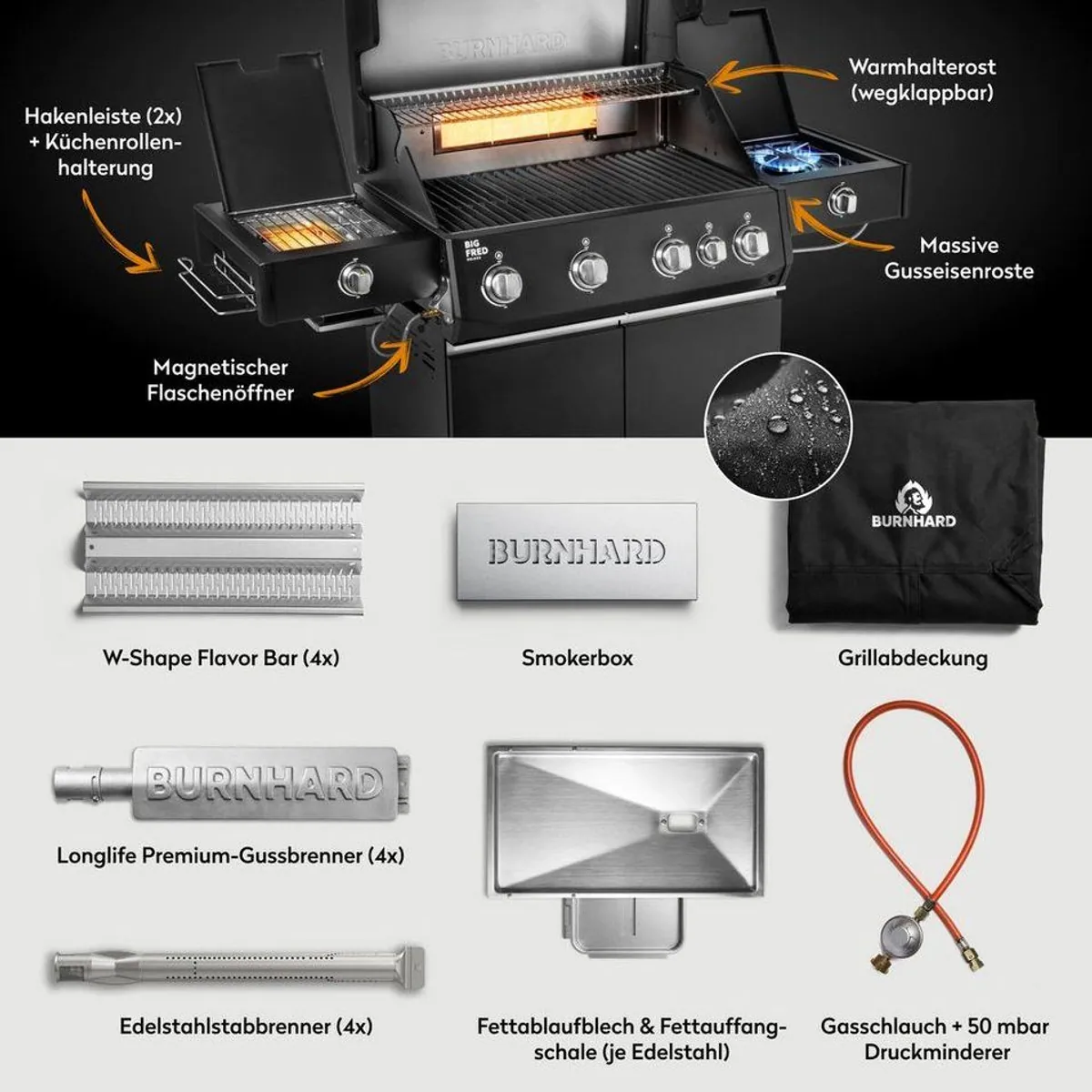 BURNHARD Gasgrill Big FRED Deluxe+, 24,7 kW, 4 Brenner, Infrarot-Heckbrenner, große Grillfläche 3