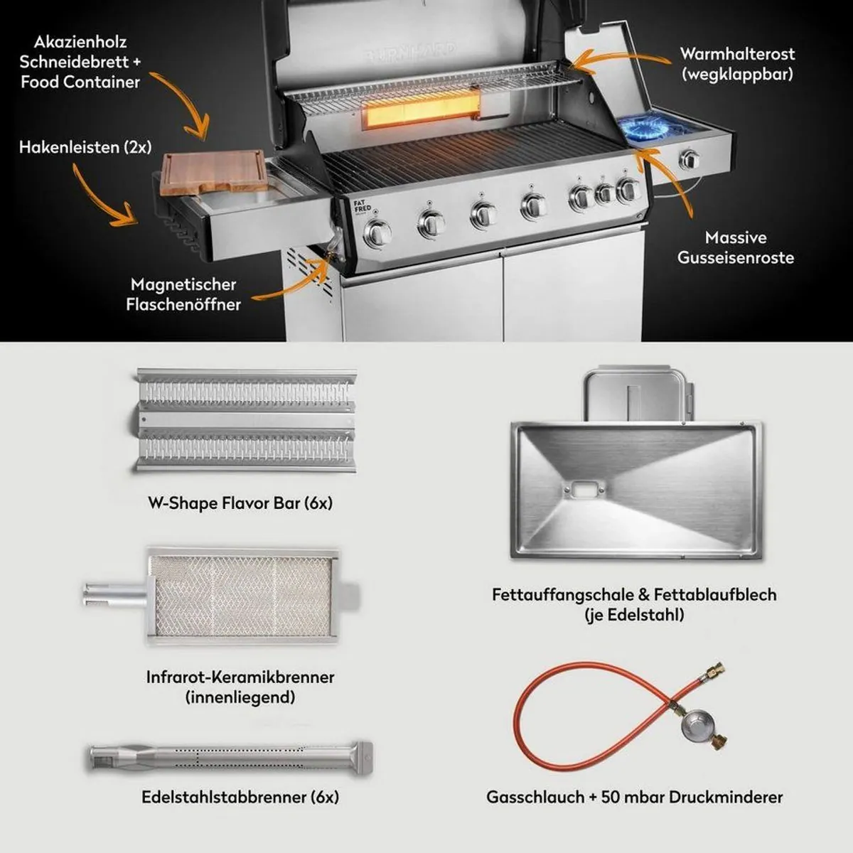 BURNHARD Fat FRED Deluxe Gasgrill, 6 Brenner, große Grillfläche, Infrarotbrenner 4