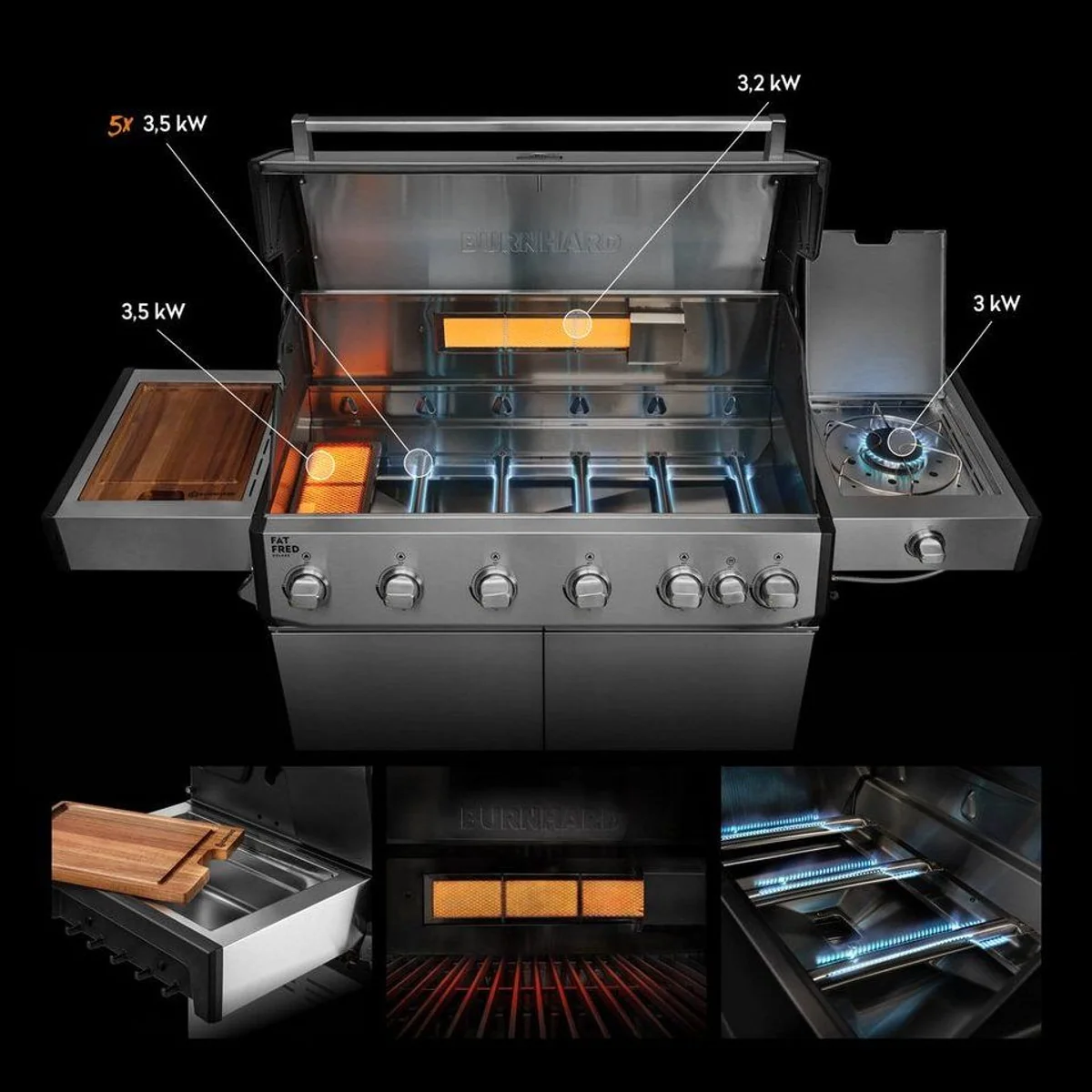 BURNHARD Fat FRED Deluxe Gasgrill 6-Brenner, 27,2 kW Gesamtleistung, Infrarotbrenner, Edelstahlrost 2