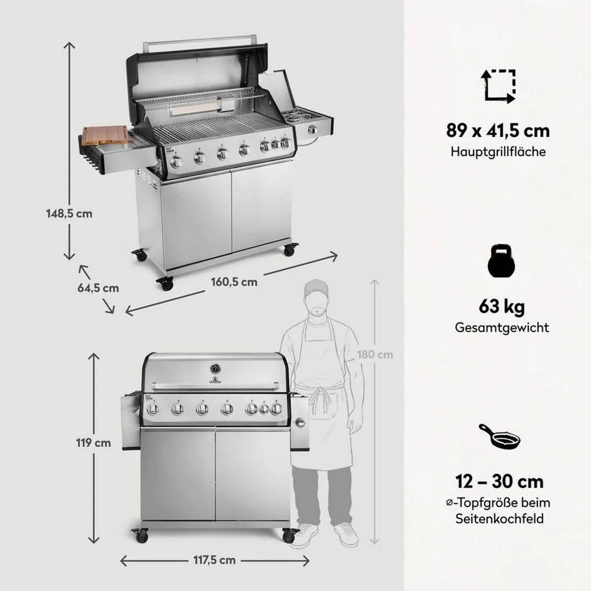 BURNHARD Fat FRED Deluxe Gasgrill 6-Brenner, 27,2 kW Gesamtleistung, Infrarotbrenner, Edelstahlrost 3