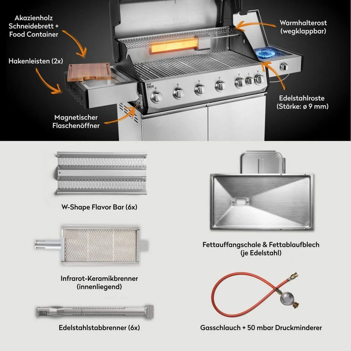BURNHARD Fat FRED Deluxe Gasgrill 6-Brenner, 27,2 kW Gesamtleistung, Infrarotbrenner, Edelstahlrost 4