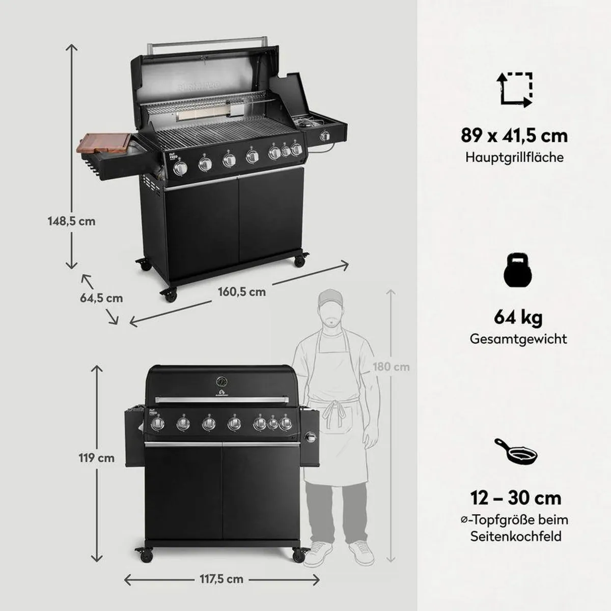 BURNHARD Fat FRED Deluxe Gasgrill 6-Brenner, 27,2 kW Leistung, Infrarot-Heckbrenner, Seitenkochfeld 2