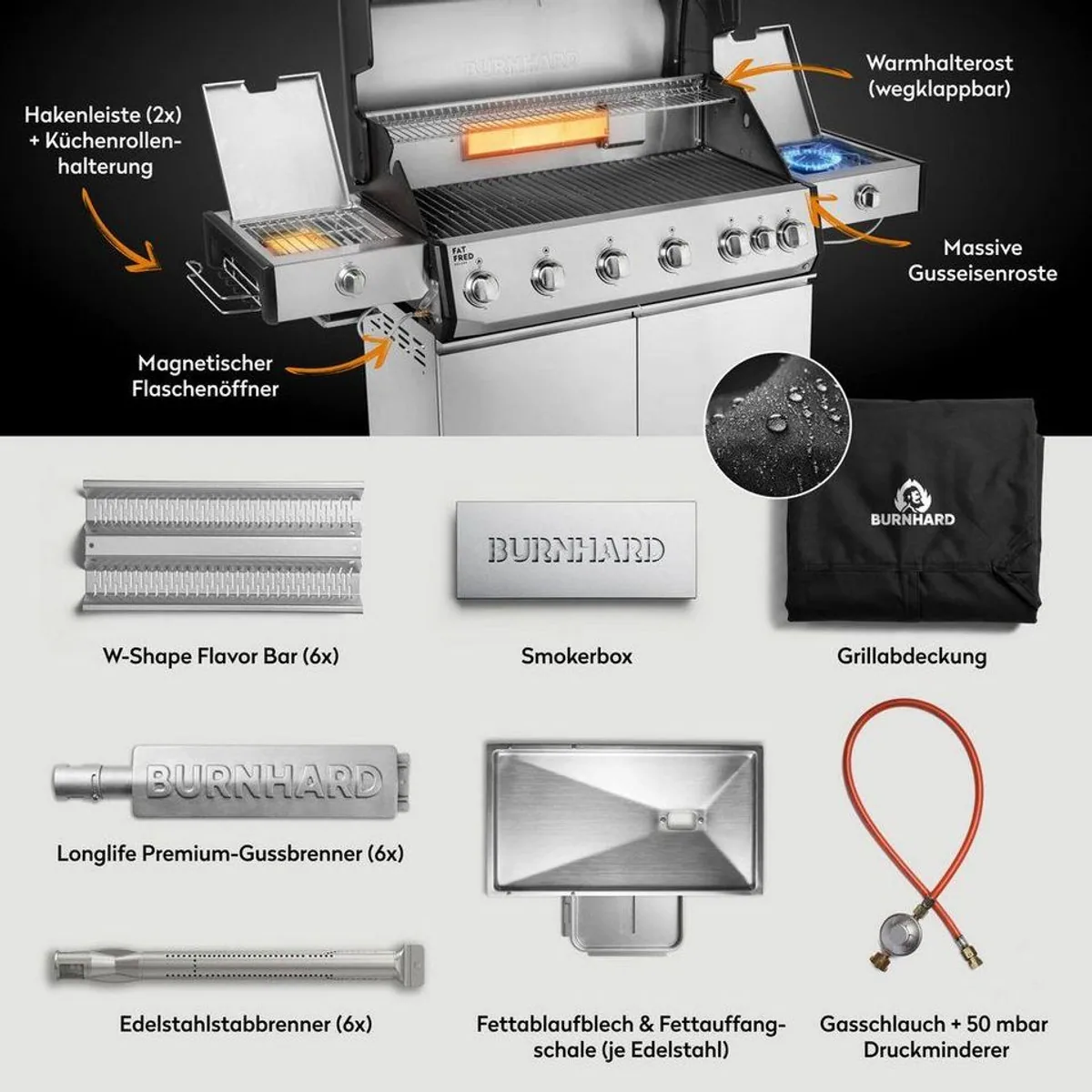 BURNHARD Fat FRED Deluxe+ Gasgrill, 6 Brenner, 900°C Infrarot, Gussrost 4