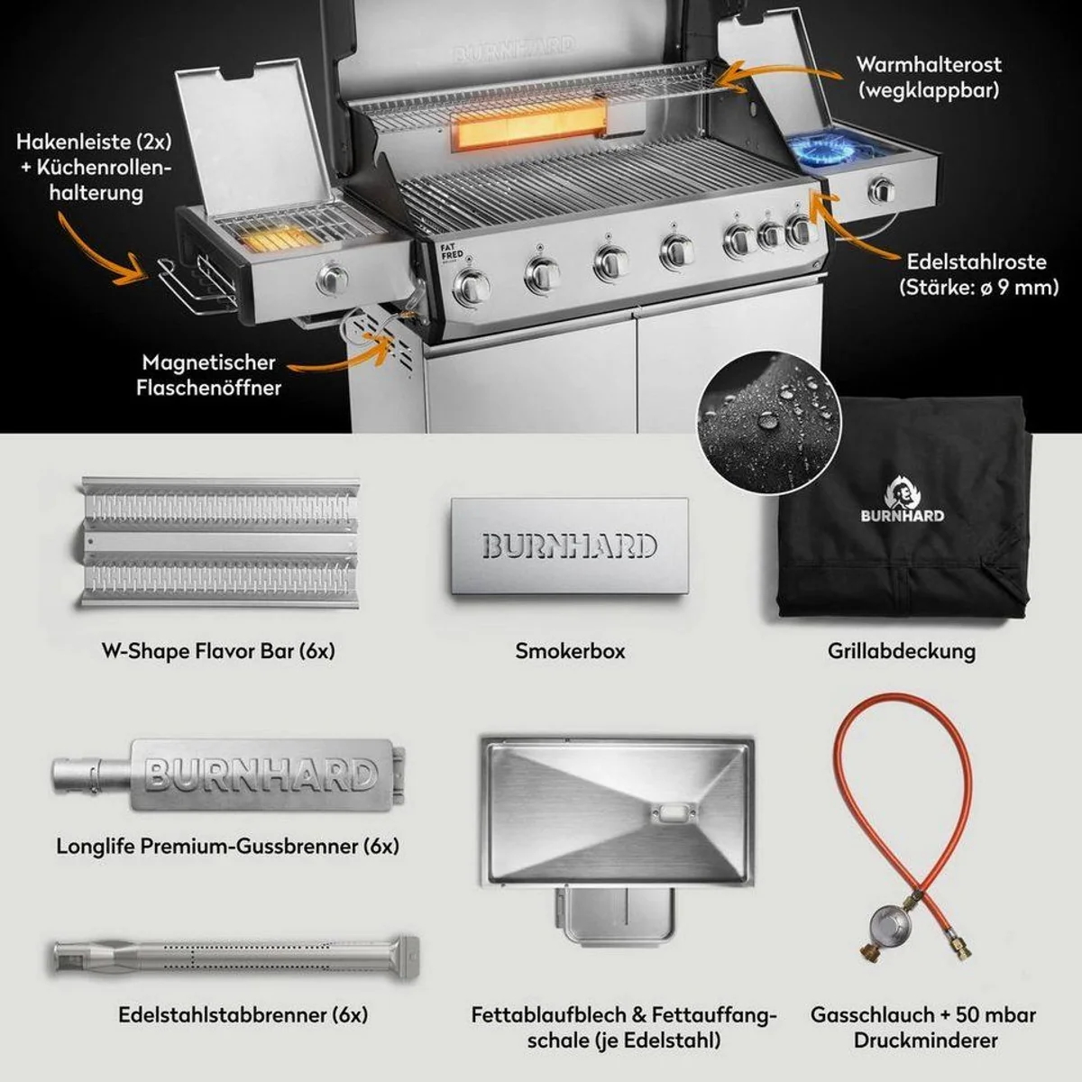 BURNHARD Fat FRED Deluxe+ Gasgrill 6-Brenner, 30,7 kW Leistung, Infrarot-Heckbrenner, Edelstahlrost 4