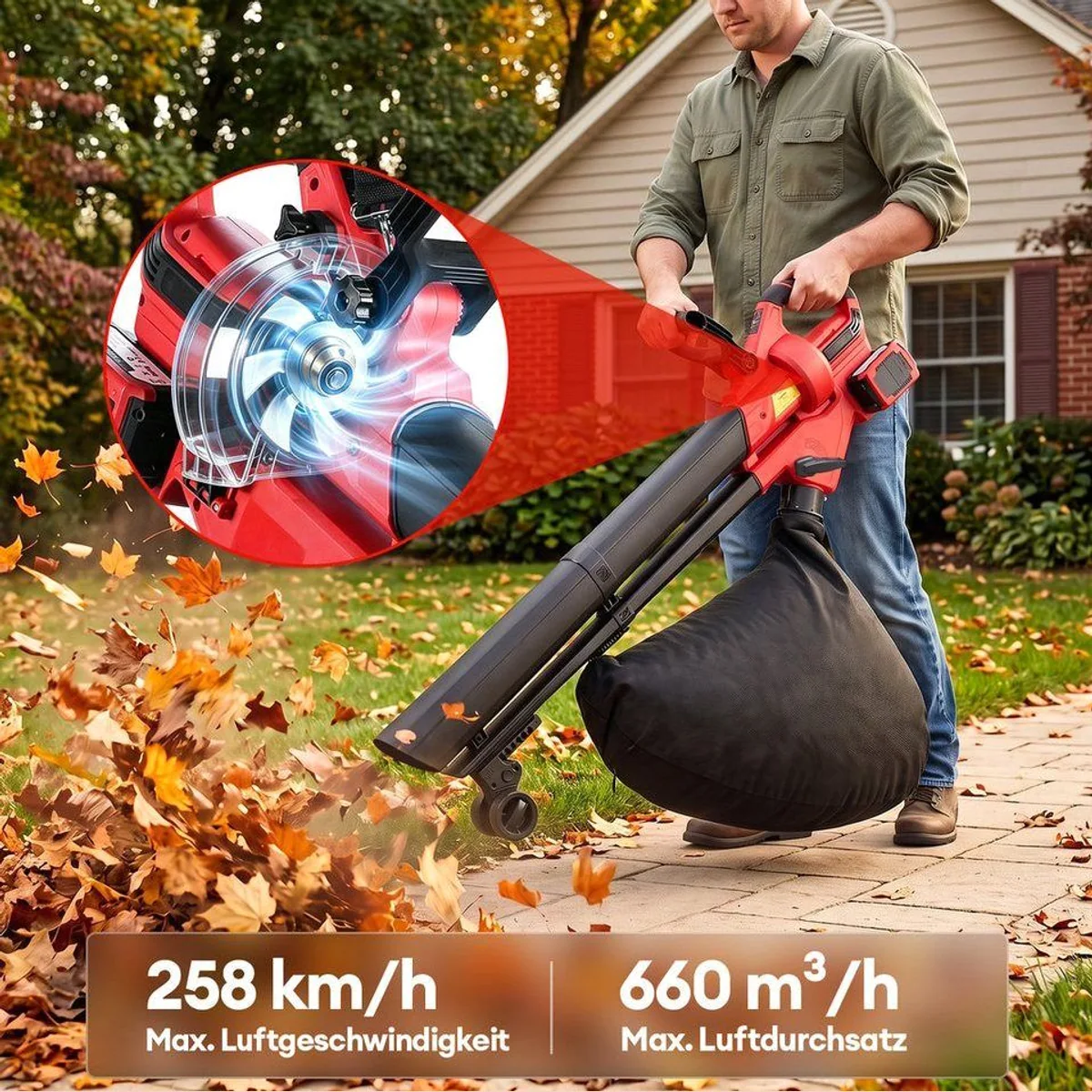 CkeyiN Akku-Laubsauger, 258 km/h Blasgeschwindigkeit, 2x 5Ah Akkus, 45-Liter Fangsack 3