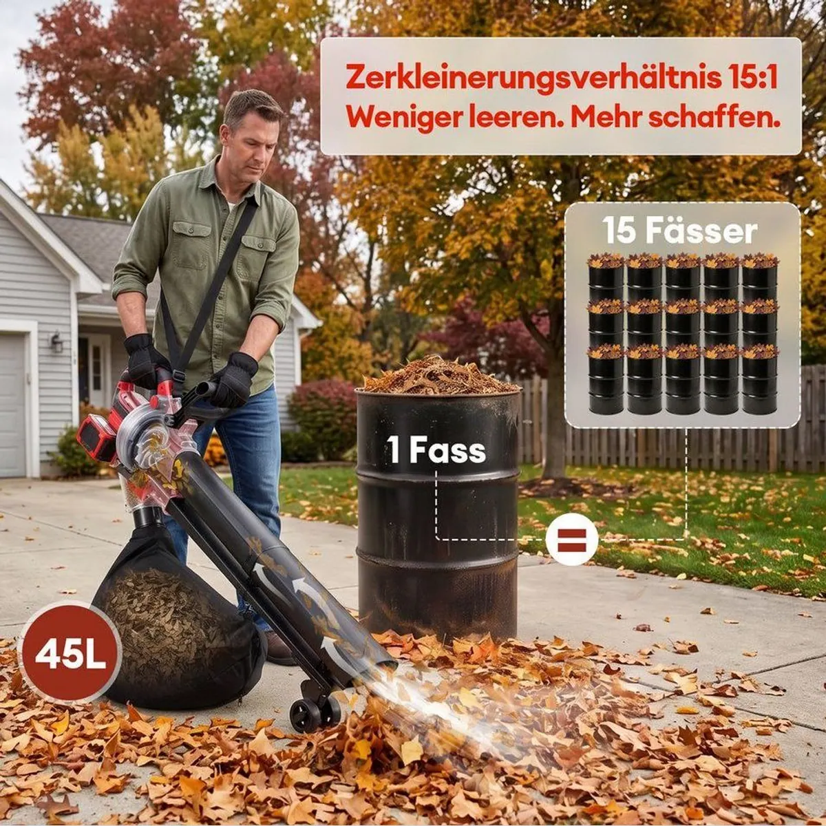 CkeyiN Akku-Laubsauger, 258 km/h Blasgeschwindigkeit, 2x 5Ah Akkus, 45-Liter Fangsack 5
