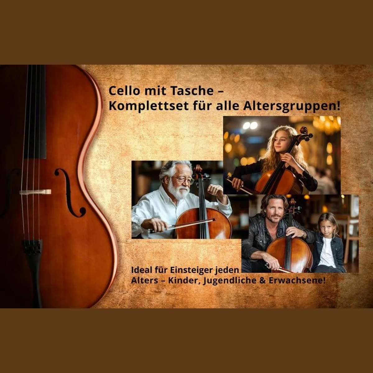 Classic Cantabile CP-200 4/4 Cello-Set, vollmassiv, klangstark, komplett mit Zubehör 4