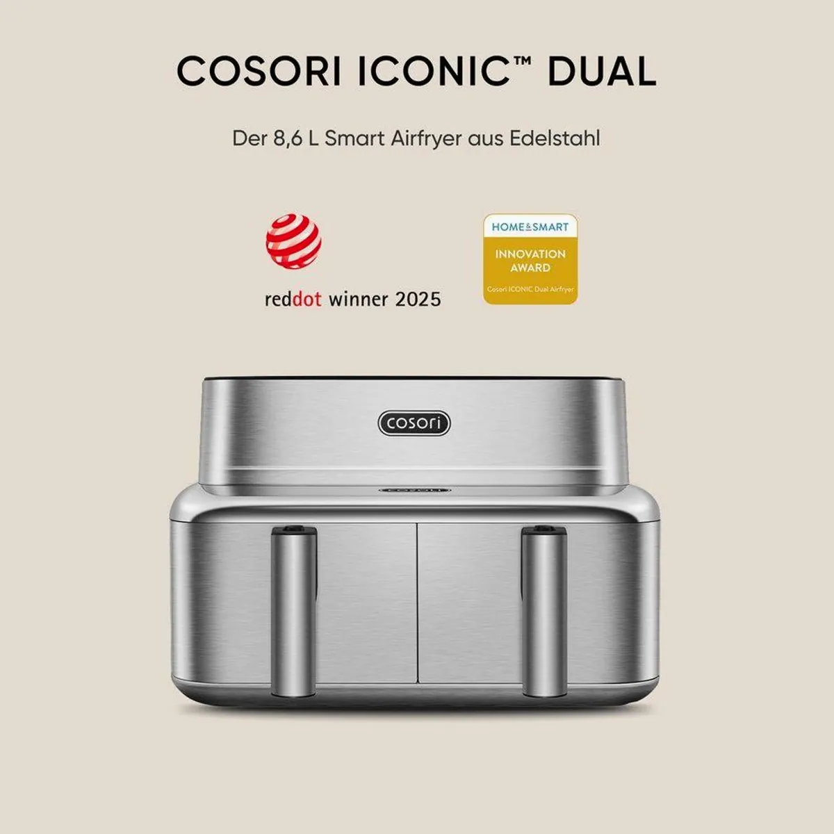 Cosori ICONIC Dual Heißluftfritteuse 8,6L, 2700 W, PFAS-frei, Edelstahl-Design 2