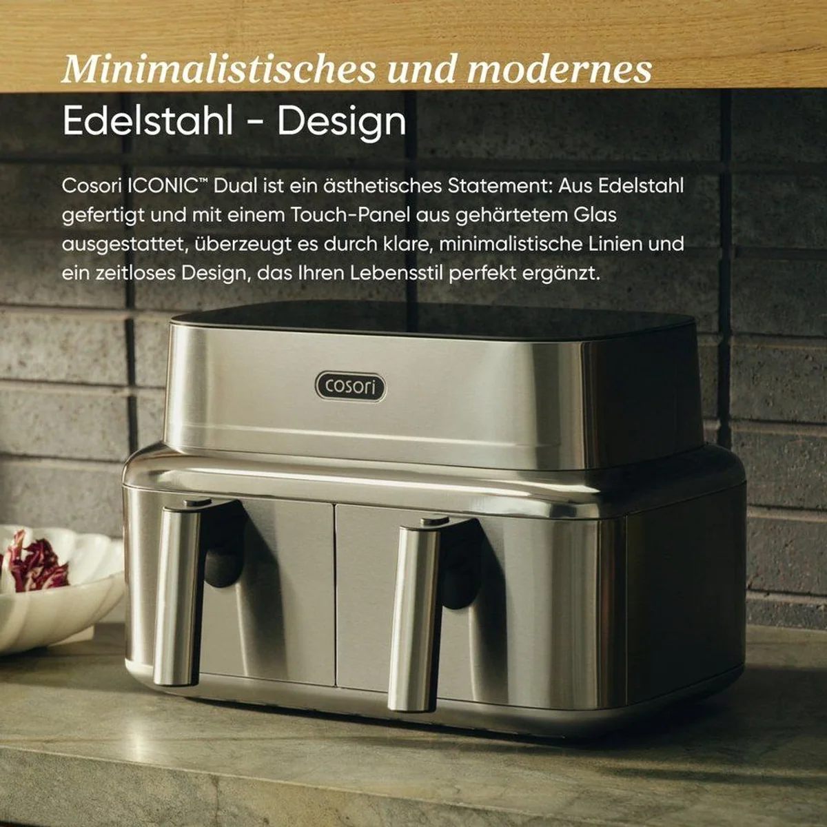 Cosori ICONIC Dual Heißluftfritteuse 8,6L, 2700 W, PFAS-frei, Edelstahl-Design 4
