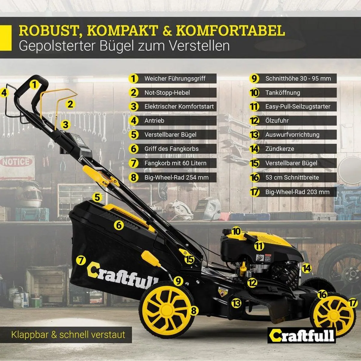 Craftfull CR-196-30E Benzinrasenmäher, 6 PS, E-Starter, 53 cm Schnittbreite 5