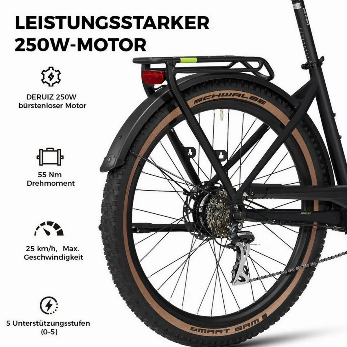 DERUIZ E-Bike Trekkingrad 28 Zoll, hohe Reichweite, komfortable Schaltung, robuste Bremsen 5