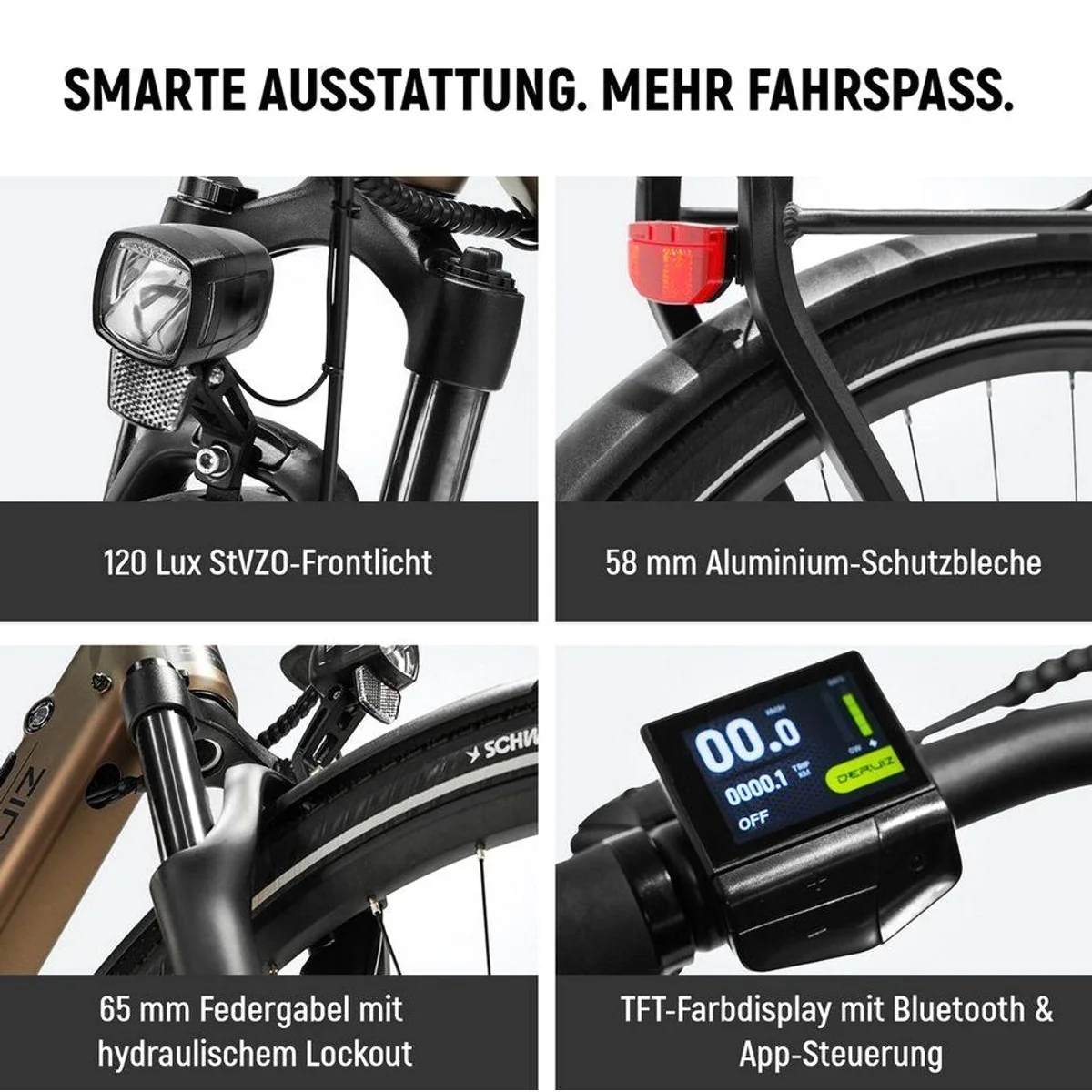 DERUIZ E-Bike Cityrad Quartz Pro, 100 Nm Mittelmotor, 644 Wh Akku, 9-Gang Shimano 5