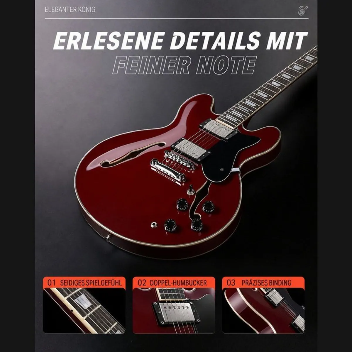 Donner DJP-1000 Semi-Hollow E-Gitarre, vielseitige Klangmöglichkeiten, elegantes Design 2