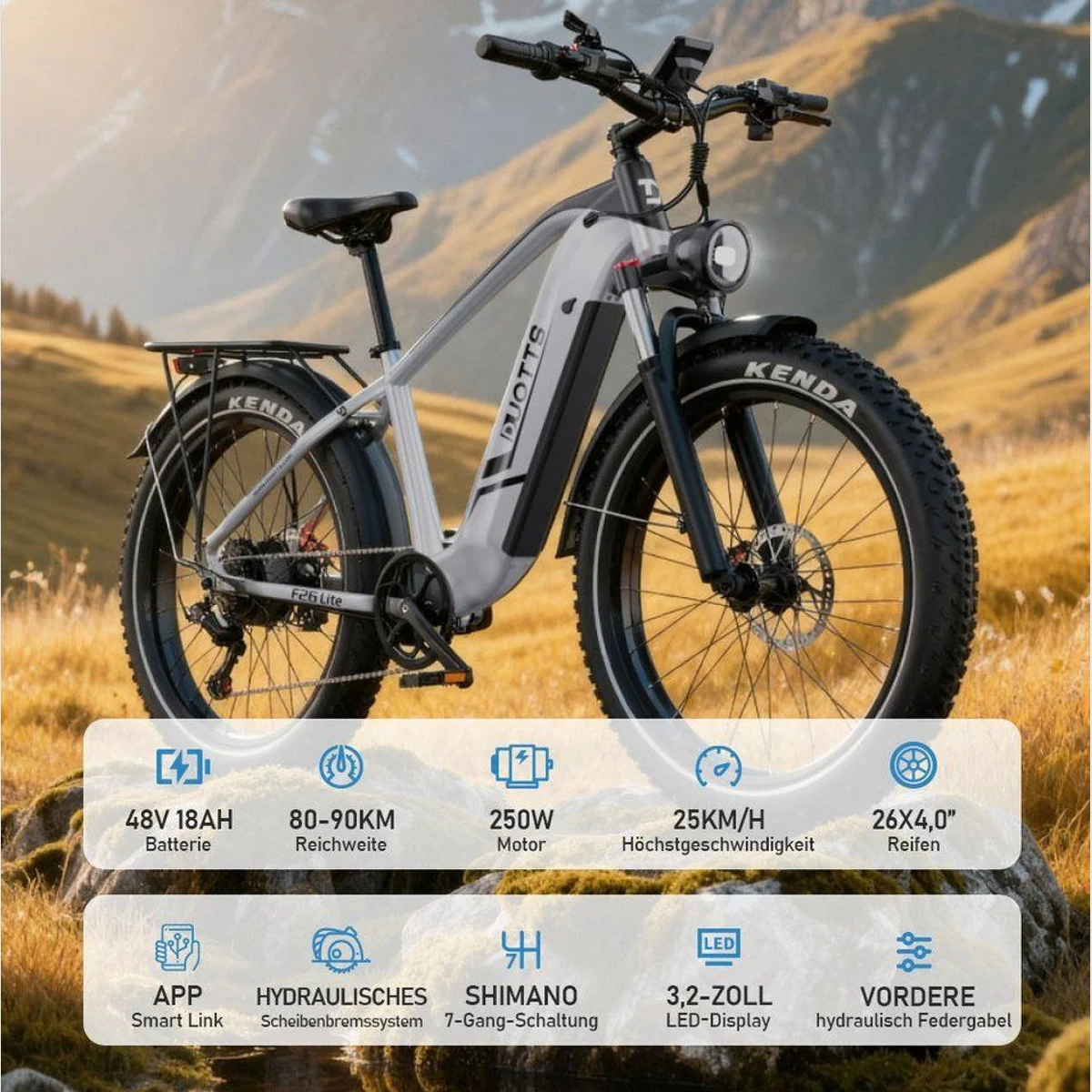 DUOTTS E-Bike F26lite, 100 km Reichweite, 250 W Motor, 7-Gang Shimano 4