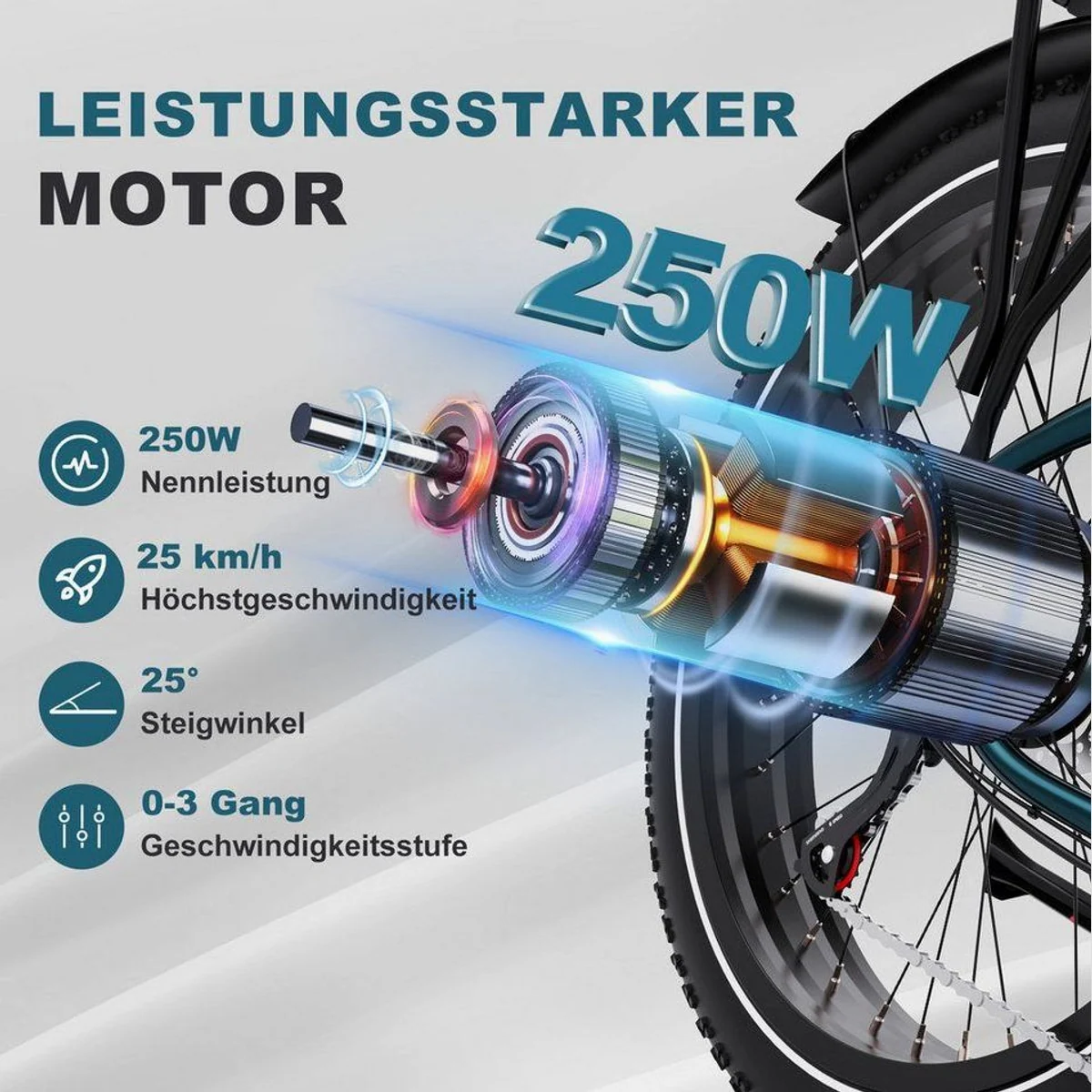 ECORUSH E-Bike Trekkingrad, 250 W Heckmotor, 624 Wh Akku, 26" Fatbike-Reifen 2