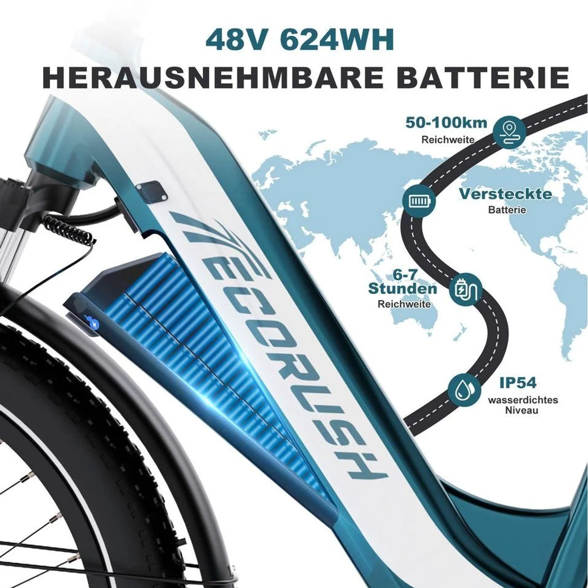 ECORUSH E-Bike Trekkingrad, 250 W Heckmotor, 624 Wh Akku, 26" Fatbike-Reifen 3