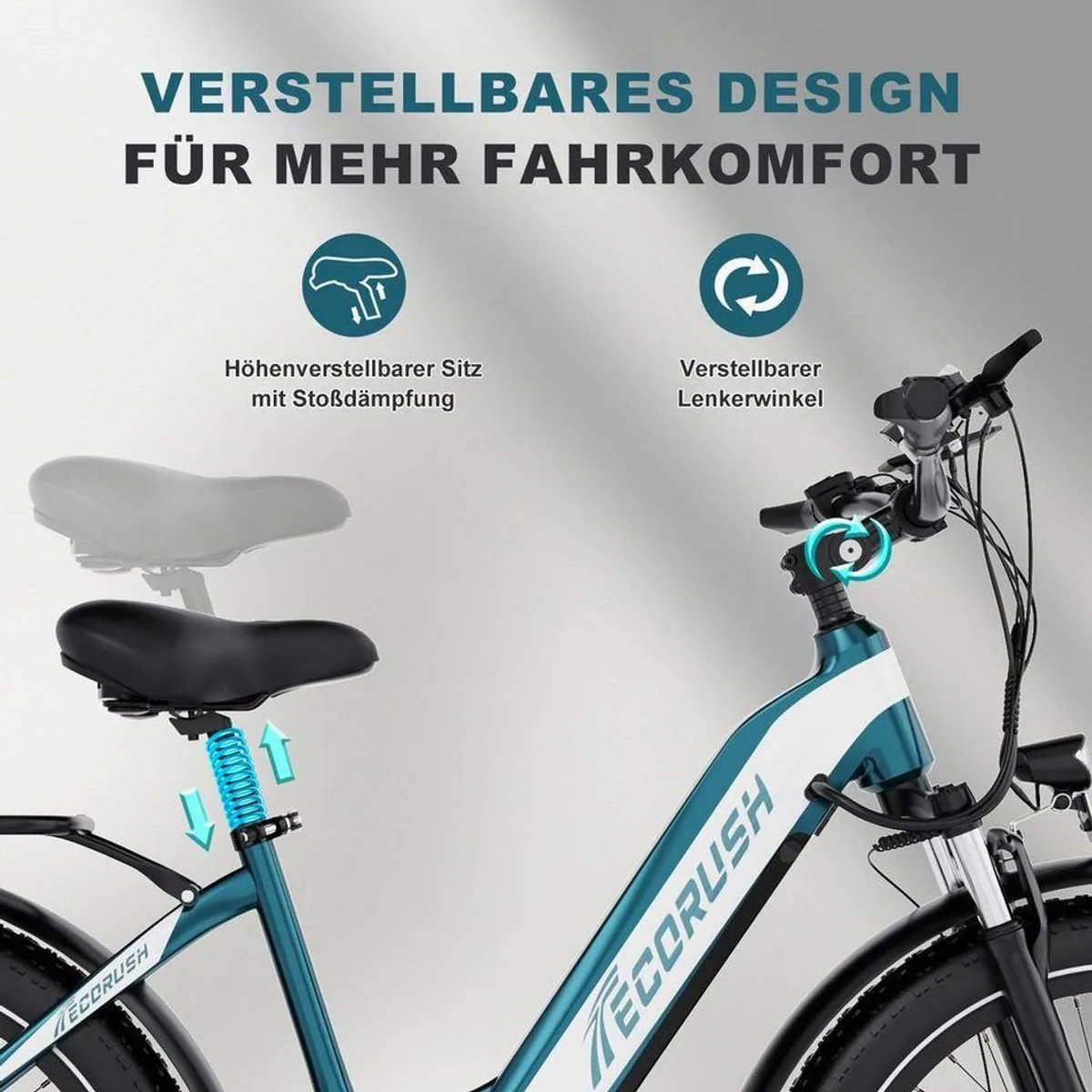 ECORUSH E-Bike Trekkingrad, 250 W Heckmotor, 624 Wh Akku, 26" Fatbike-Reifen 5