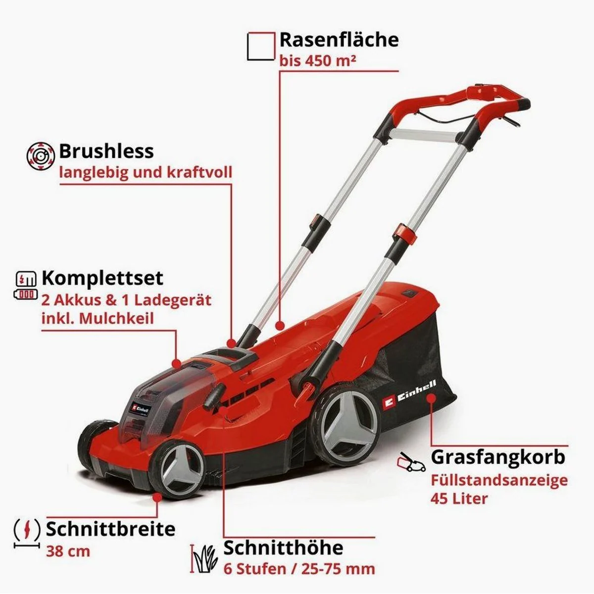 Einhell Akkurasenmäher GP-CM 36/450, 38 cm Schnittbreite, 2 x 4 Ah Akku, Twincharger 3