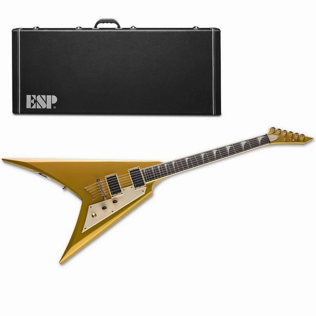 ESP LTD KH-V MGO Kirk Hammett Signature E-Gitarre, durchgehender Hals, EMG Bone Breaker Tonabnehmer, Metallic Gold