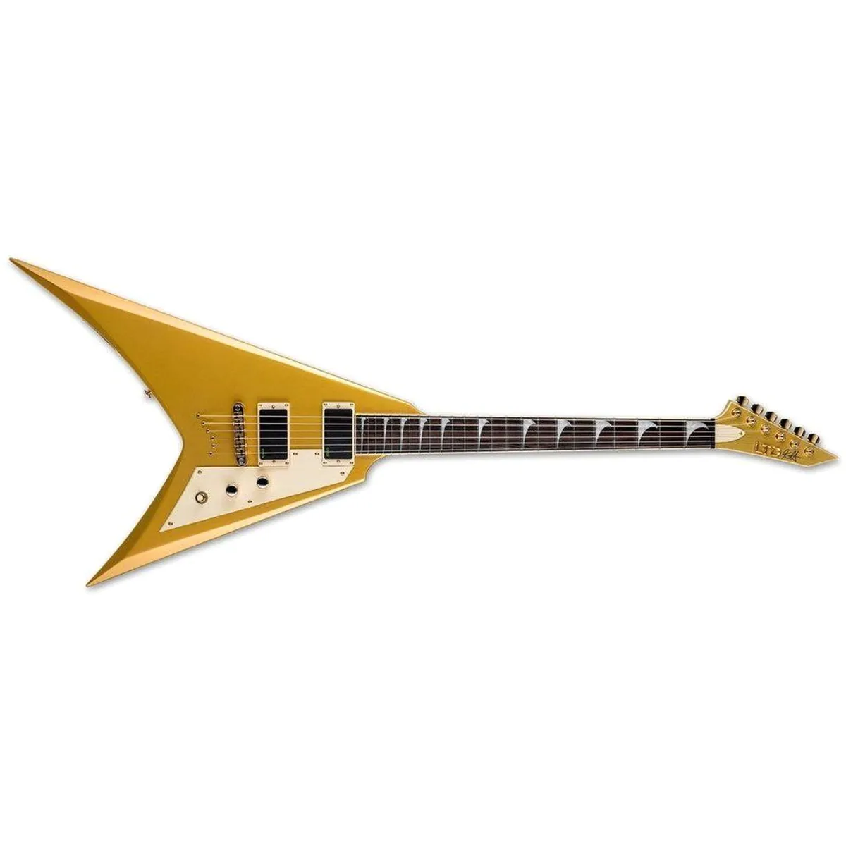 ESP LTD KH-V MGO Kirk Hammett Signature E-Gitarre, durchgehender Hals, EMG Bone Breaker Tonabnehmer, Metallic Gold 2