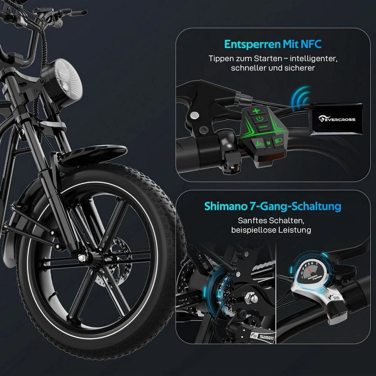 EVERCROSS TECH E-Bike 20” x 4,0, hohe Reichweite, robuste Reifen, 7-Gang Shimano 2