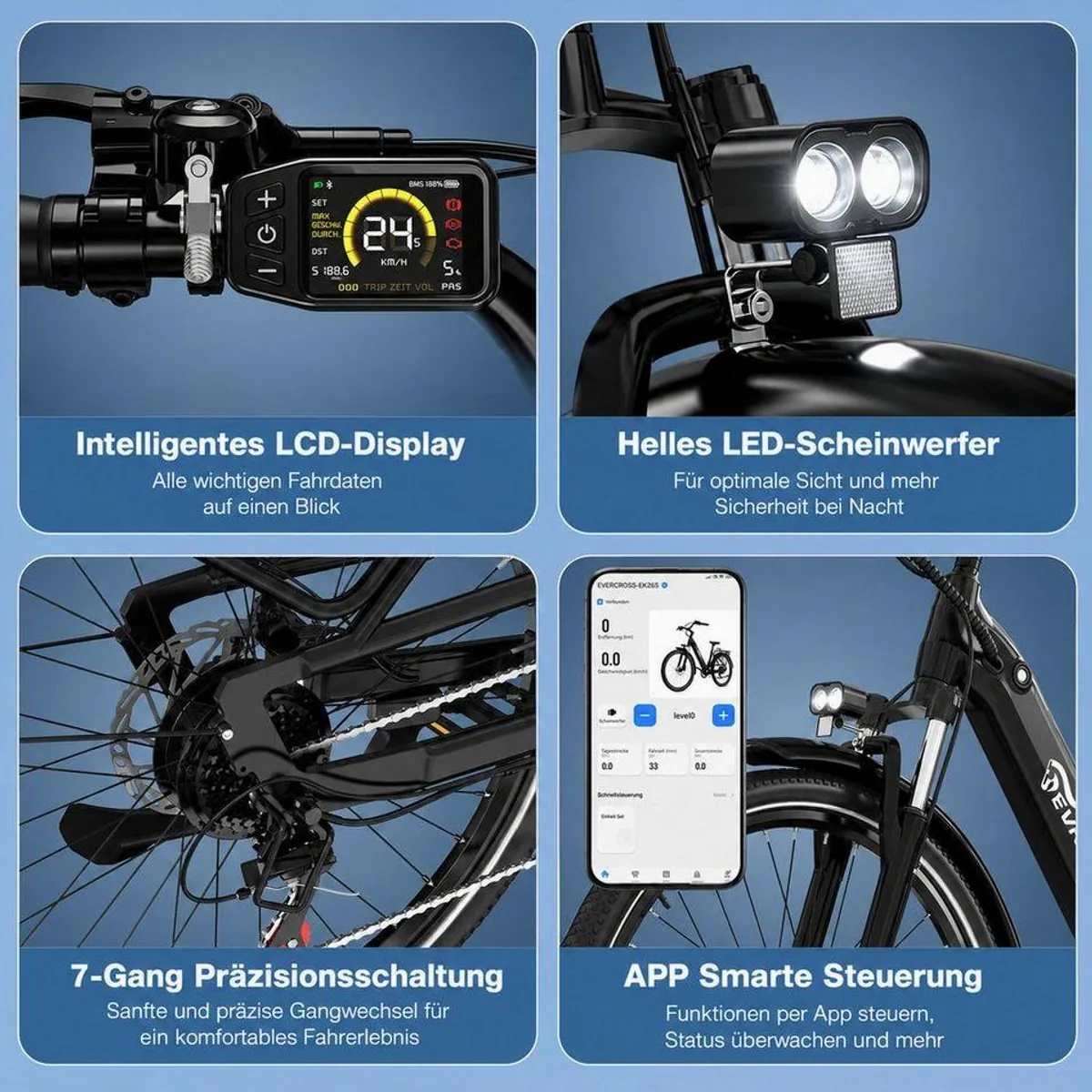 EVERCROSS TECH EK25 E-Bike, 100 km Reichweite, 7-Gang Shimano, Drehmomentsensor 4