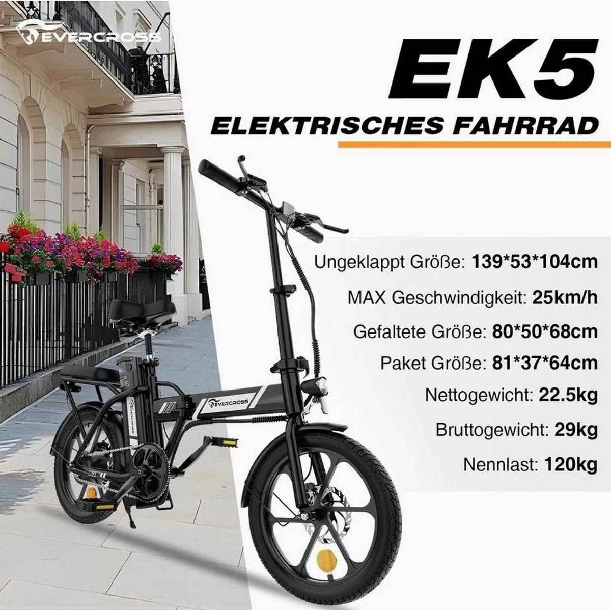 EVERCROSS TECH EK5 Falt-E-Bike, 250W Motor, 36V 13Ah Akku, bis 60 km Reichweite 2