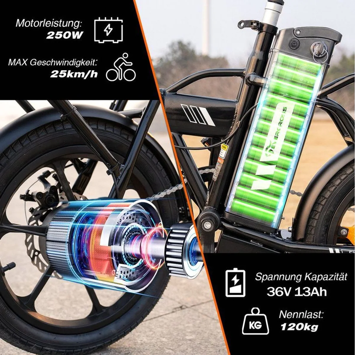 EVERCROSS TECH EK5 Falt-E-Bike, 250W Motor, 36V 13Ah Akku, bis 60 km Reichweite 4