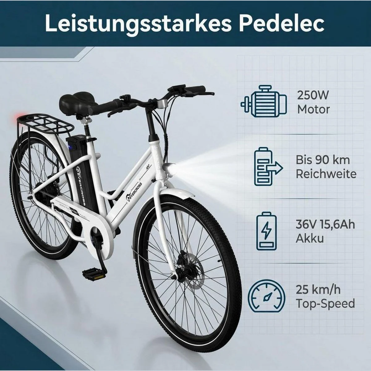 EVERCROSS TECH E-Bike Cityrad, 26 Zoll, 90 km Reichweite, 250W Heckmotor 2