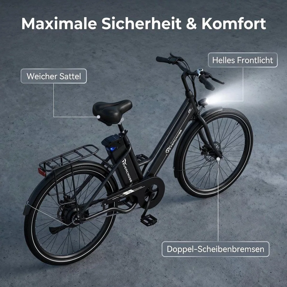 EVERCROSS TECH E-Bike Cityrad, 26 Zoll, 90 km Reichweite, 250W Heckmotor 3