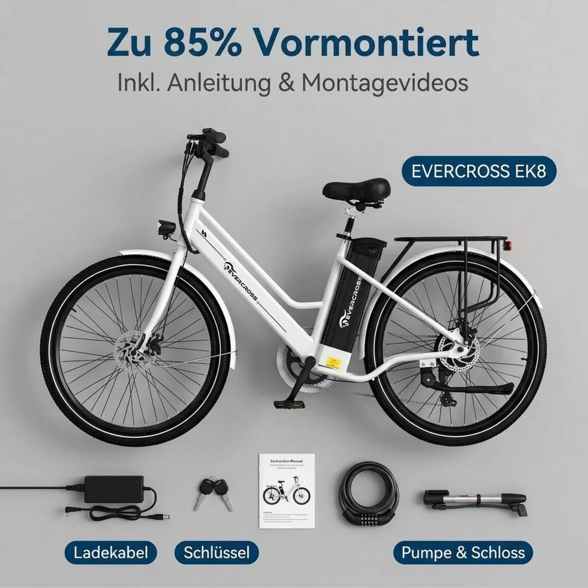 EVERCROSS TECH E-Bike Cityrad, 26 Zoll, 90 km Reichweite, 250W Heckmotor 4