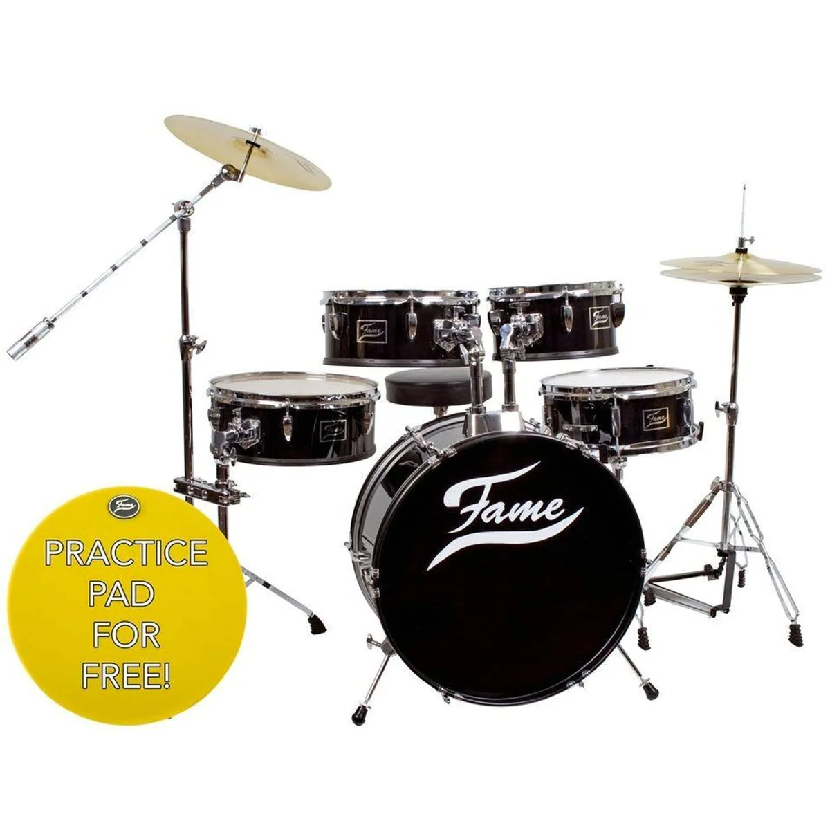 FAME Schlagzeug Practice Set, kompakt mit 20 Zoll BassDrum und Cymbals