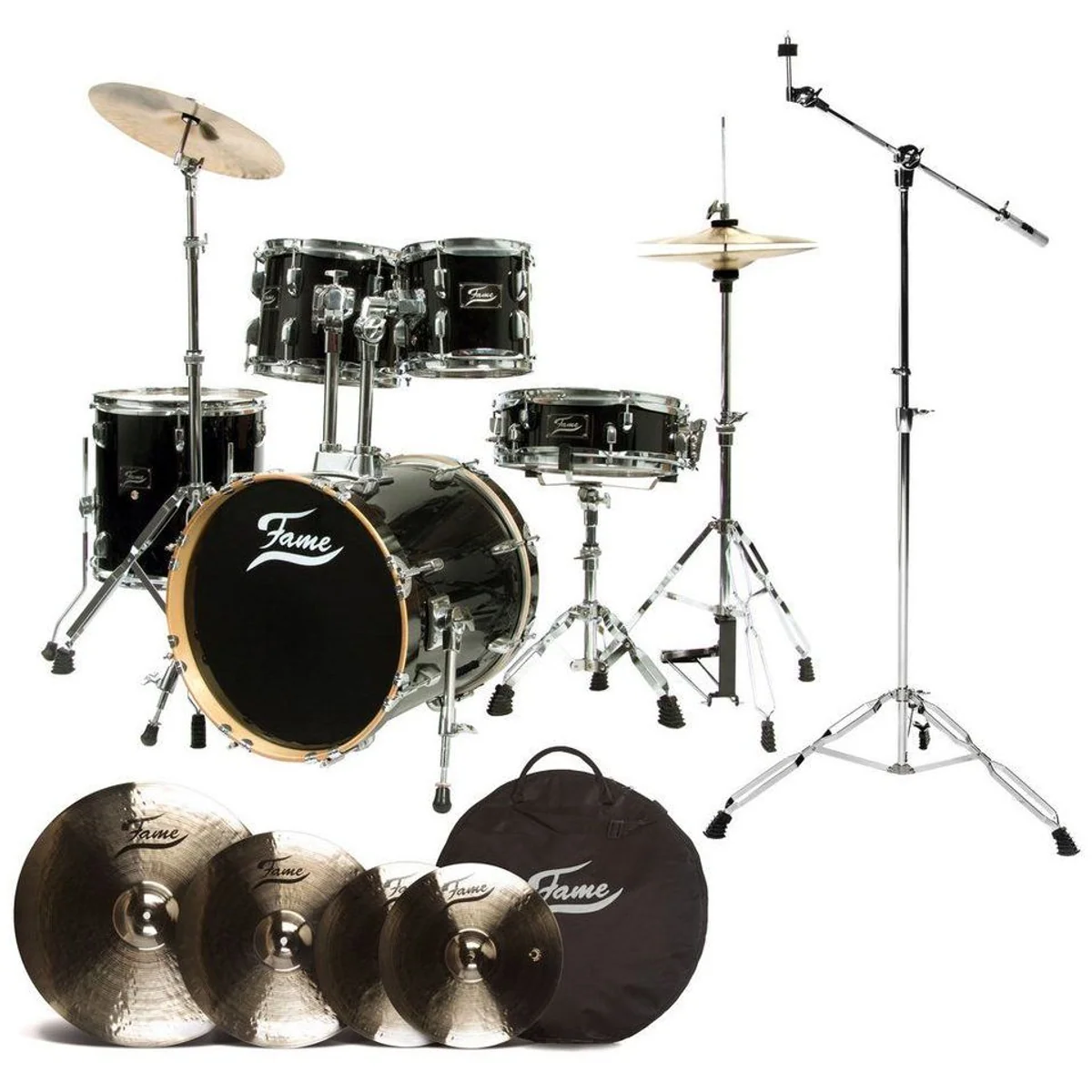 FAME Schlagzeug Maple Standard Jungle, 16" Bassdrum, Hochglanz Schwarz, inkl. Cymbal Set