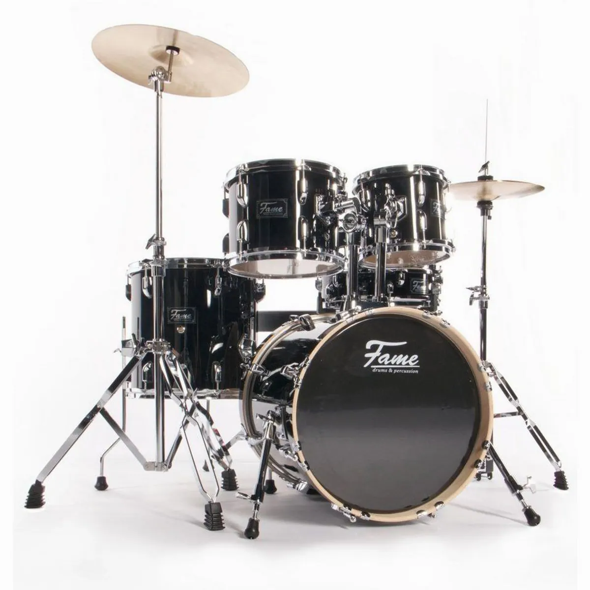 FAME Schlagzeug Maple Standard Jungle, 16" Bassdrum, Hochglanz Schwarz, inkl. Cymbal Set 2