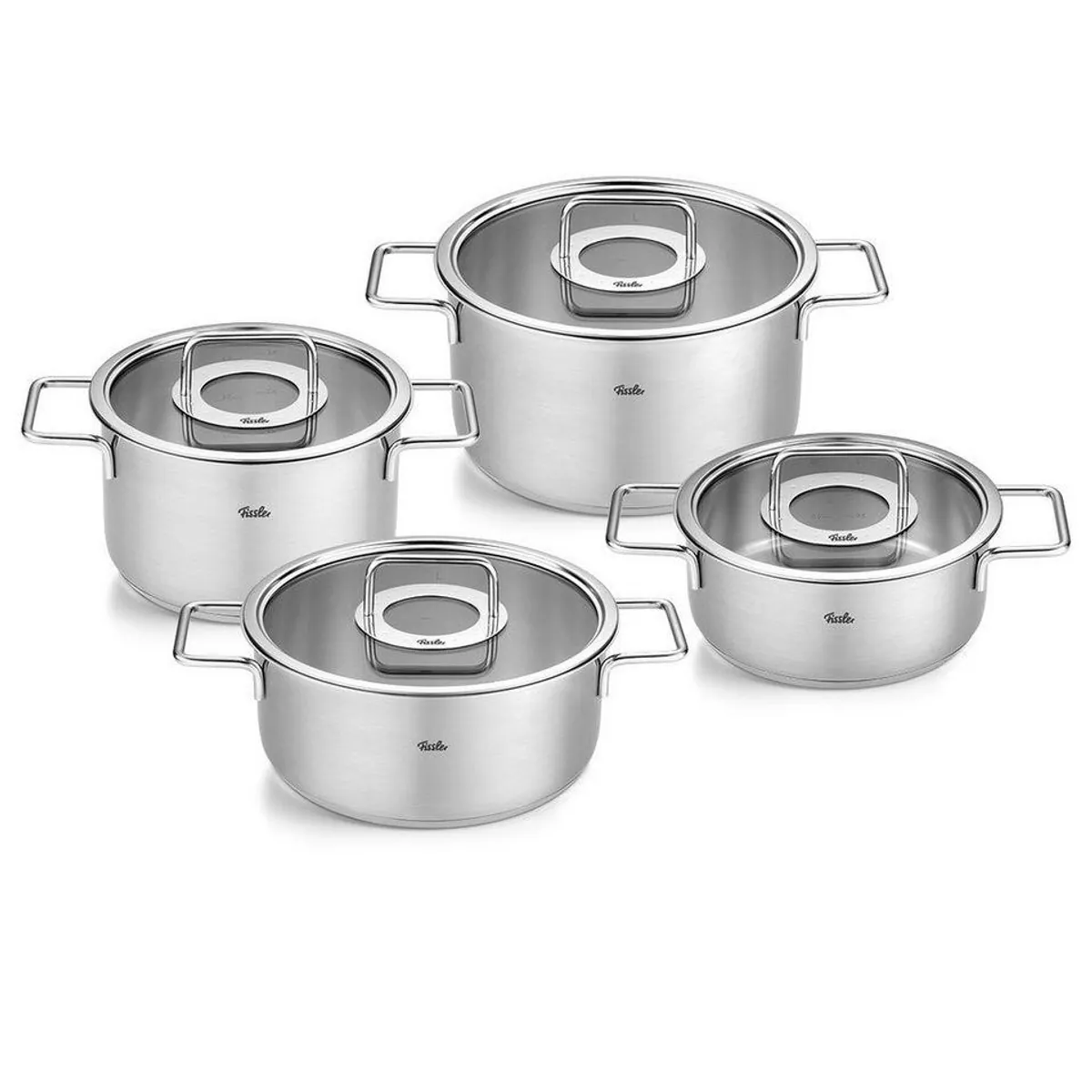 Fissler Pure Collection Topf-Set, 4-teilig, Edelstahl 18/10 — langlebig, backofengeeignet, gleichmäßige Wärmeverteilung